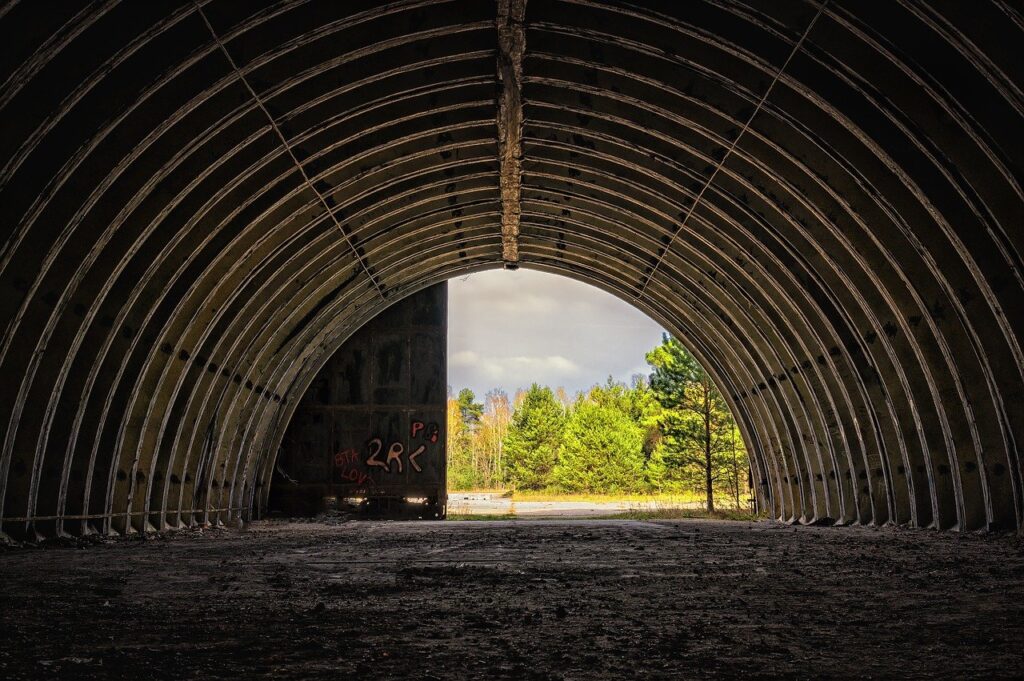 hangar, hall, round arch